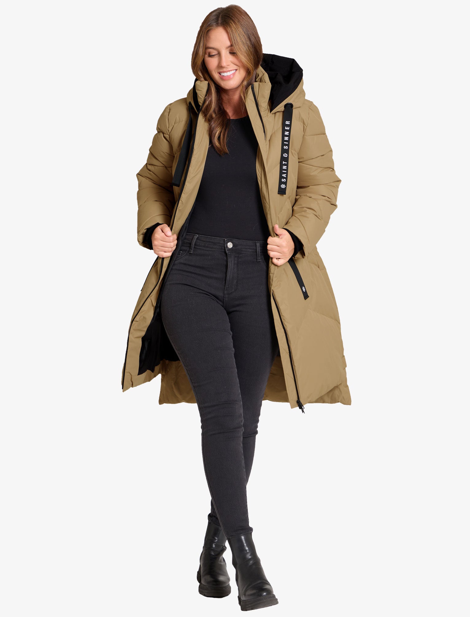 Coats / Jackets Newby Hooded Longline Quilted Puffer Coat in Camel - Saint & Sinner / 8 - Tokyo Laundry